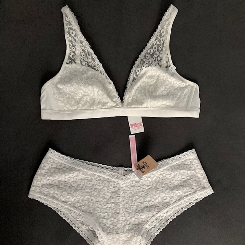 NWT VS PINK off white leopard print bra & panty lingerie set